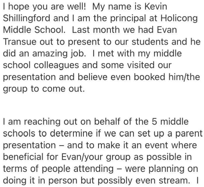 Original testimonial from Holicong Middle School. Last month we had Evan Transue out to present to our students and he did an amazing job.